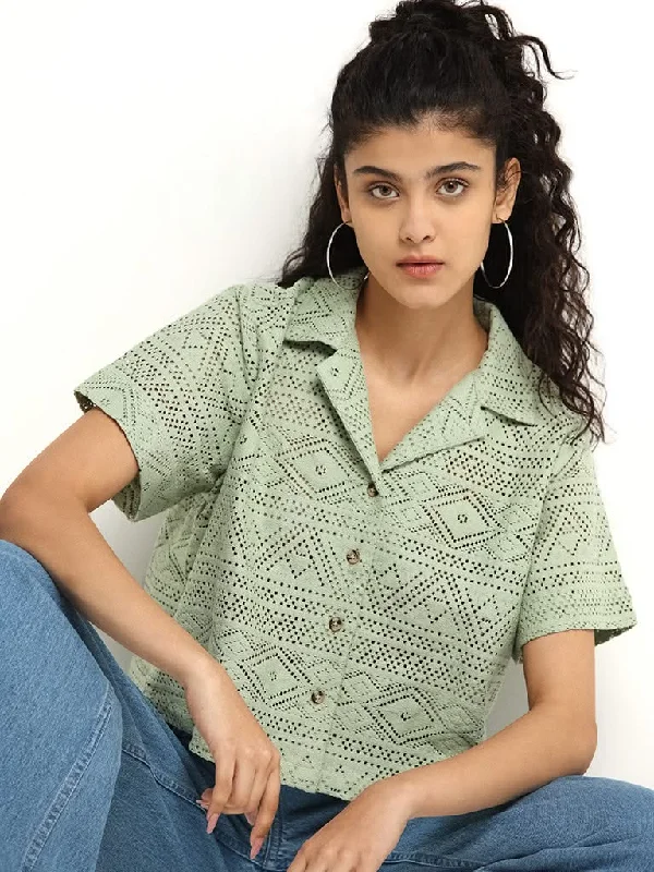 Women's silk evening pants Stretch women jeans for enhanced mobility and comfort Bombay Paisley Green Mesh Cotton Blend Crop Shirt