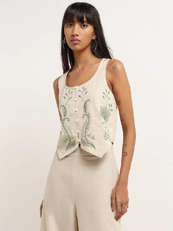 Women's pants with adjustable cuffs Dark - wash women jeans for a sophisticated and slimming effect Bombay Paisley Off-White Embroidered Cotton Crop Top