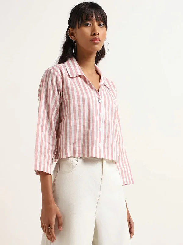 Women's button - fly jeans pants Wide - leg women jeans for a modern and relaxed vibe Bombay Paisley Pink Striped Crop Shirt Women's button - fly jeans pants Wide - leg women jeans for a modern and relaxed vibe Bombay Paisley Pink Striped Crop Shirt