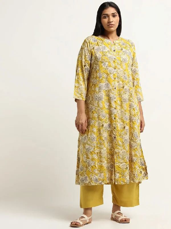 Women's recycled - material workout pants Wide - leg women jeans for a modern and relaxed vibe Diza Yellow Floral Print Button-Down Kurta