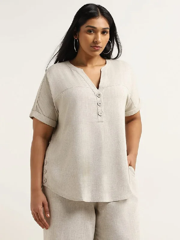 Women's pants with quick - dry fabric Button - fly women jeans with a traditional touch Gia Beige Buttoned Linen Top