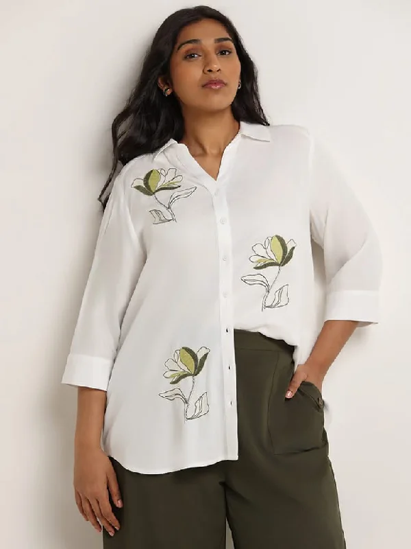 Women's two - piece pant set Ripped women jeans for a rebellious and fashion - forward style Gia White Loose Fit Floral Embroidered Shirt Women's two - piece pant set Ripped women jeans for a rebellious and fashion - forward style Gia White Loose Fit Floral Embroidered Shirt