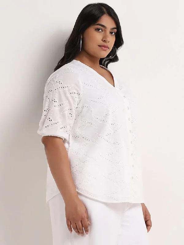 Women's junior - sized denim pants Distressed women jeans for a trendy and edgy look Gia White Schiffli Design Cotton Blouse