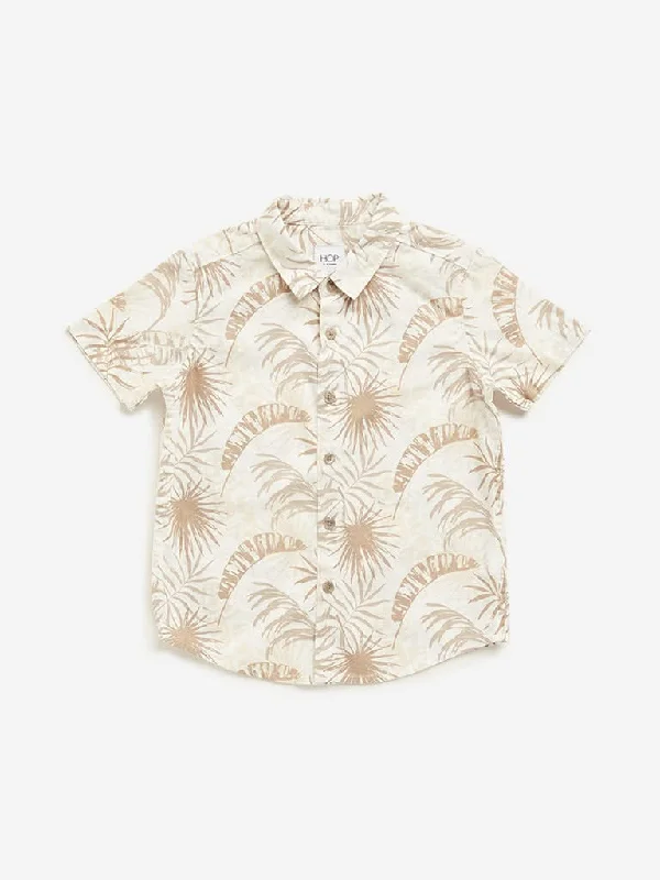 Women's budget - friendly denim pants Button - fly women jeans with a traditional touch HOP Kids Beige Foliage Printed Shirt