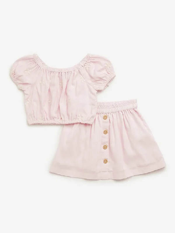 Women's linen summer pants High - rise flare women jeans for a 70s - inspired look HOP Kids Pink Floral Top & Mid Rise Skirt Set