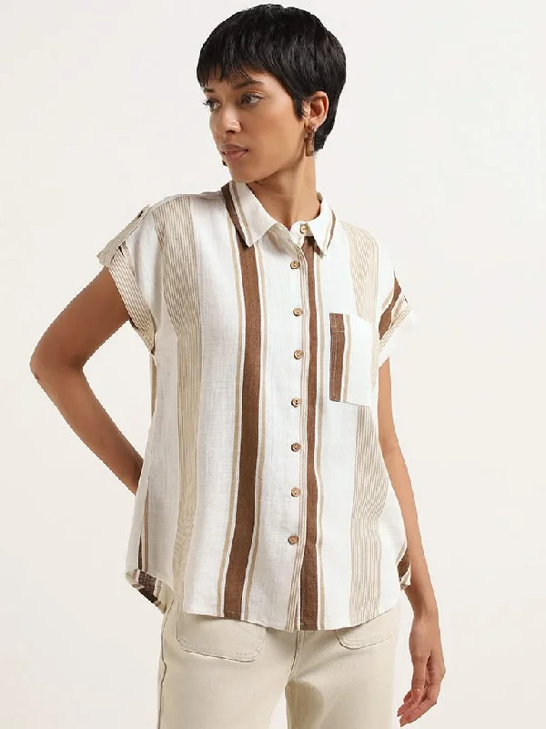 Women's pants with stretch panels Light - wash women jeans for a fresh and summery appearance LOV Beige Blended Linen Shirt Women's pants with stretch panels Light - wash women jeans for a fresh and summery appearance LOV Beige Blended Linen Shirt