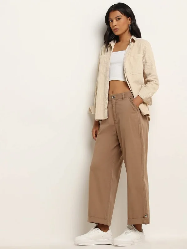 Women's pants with hidden pockets Embellished women jeans with studs or rhinestones for a glamorous touch LOV Beige Cotton Blend Mid Rise Flared Trousers Women's pants with hidden pockets Embellished women jeans with studs or rhinestones for a glamorous touch LOV Beige Cotton Blend Mid Rise Flared Trousers