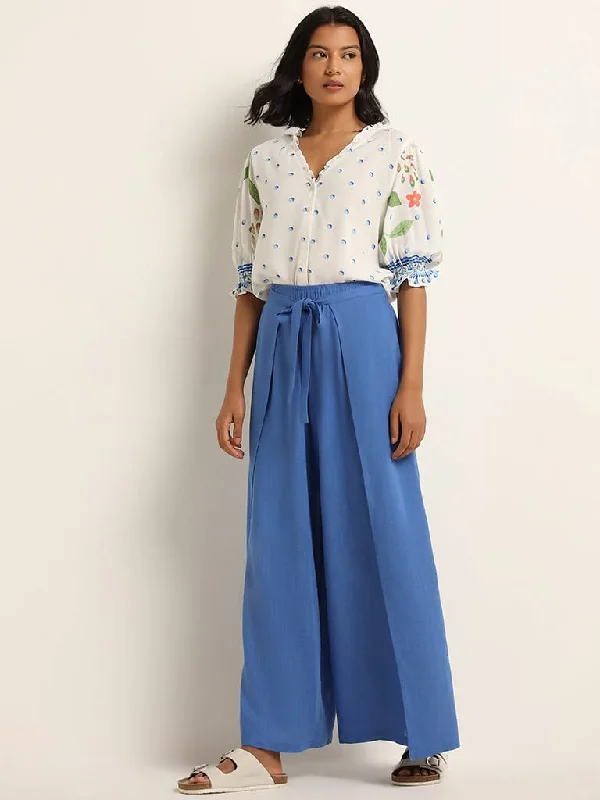 Women's spring - fresh floral pants Skinny women jeans with a form - fitting design LOV Blue Mid Rise Blended Linen Wrap Pants