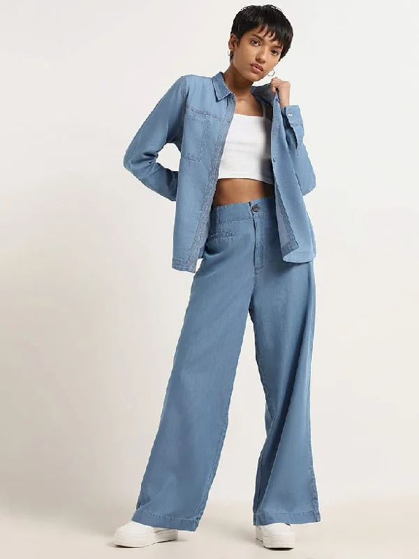 Women's zipper - detail fashion pants Jeggings women jeans combining the comfort of leggings and style of jeans LOV Blue Wide Twill Trousers