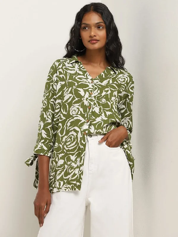 Women's high - waisted yoga pants Skinny women jeans with a form - fitting design LOV Green Floral Print Crystal Shirt