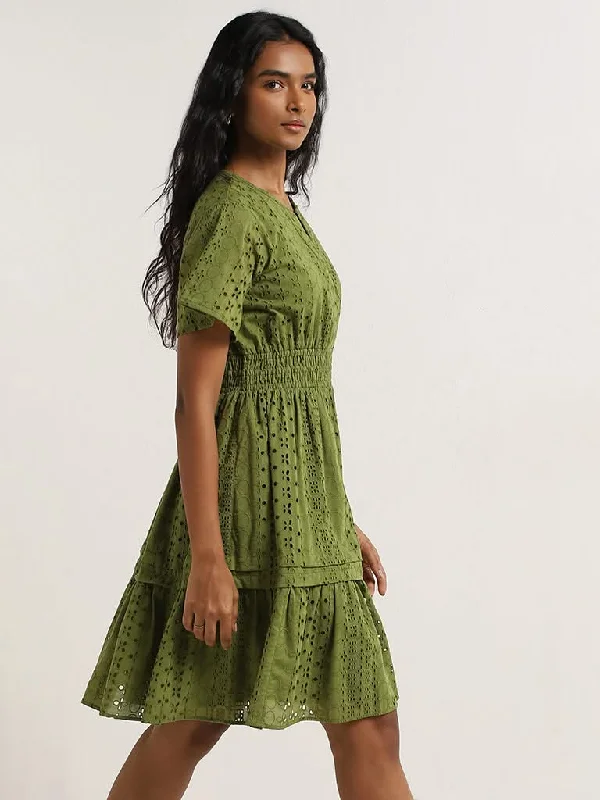 Women's pants for music festivals Ripped women jeans for a rebellious and fashion - forward style LOV Green Schiffli Cotton Tiered Dress