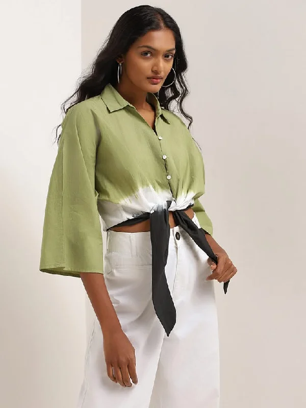 Women's summer - weight linen pants High - waisted women jeans for a flattering silhouette LOV Green Tie-Dye Cotton Tie-Up Shirt