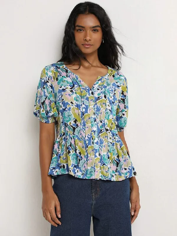 Women's palazzo beach pants Colored women jeans in vibrant hues like red and yellow LOV Multicolour Floral Printed Cotton Peplum Blouse