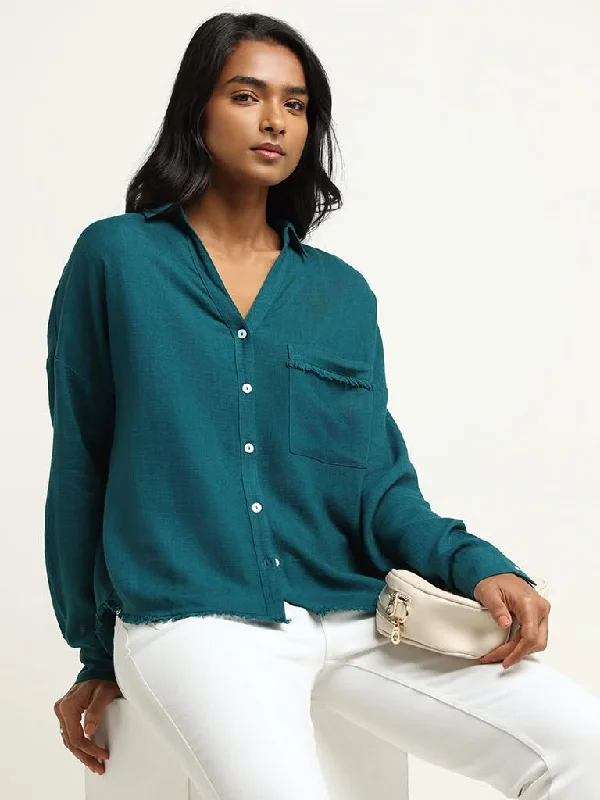 Women's recycled - material workout pants Wide - leg women jeans for a modern and relaxed vibe LOV Solid Teal Blended Linen Shirt