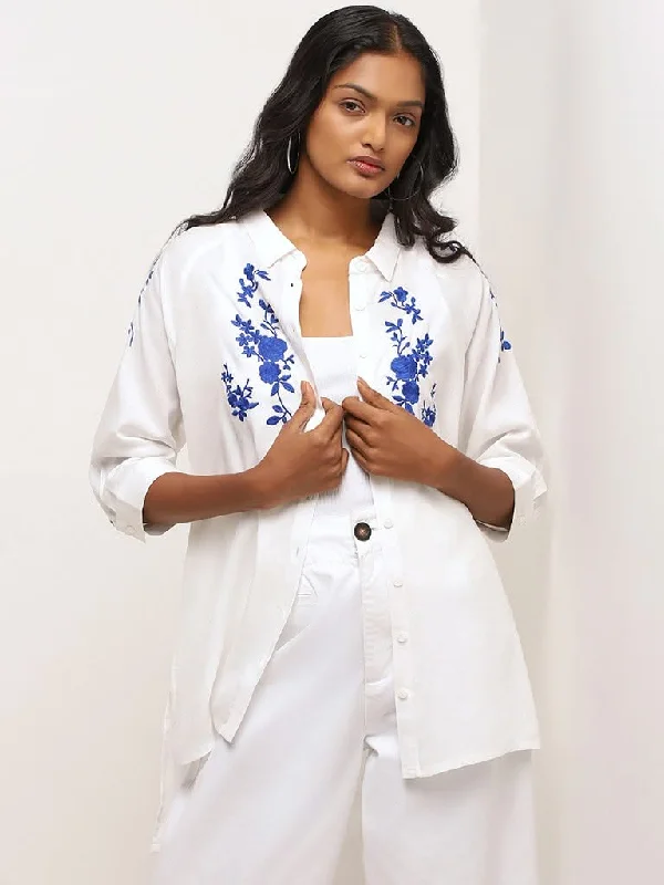 Women's denim shorts - style pants Light - wash women jeans for a fresh and summery appearance LOV White Embroidered Drop-Tail Shirt Women's denim shorts - style pants Light - wash women jeans for a fresh and summery appearance LOV White Embroidered Drop-Tail Shirt