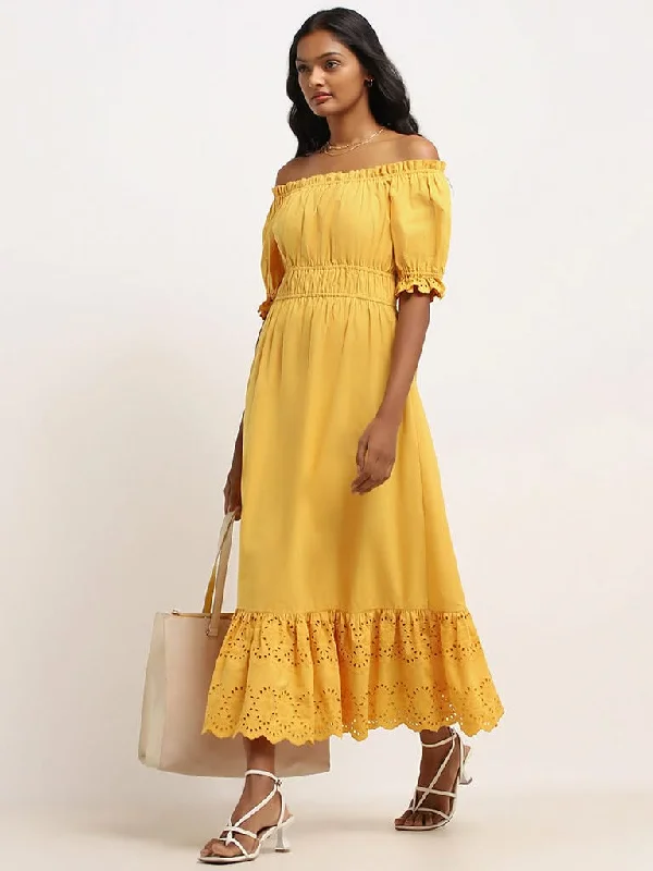 Women's pants for business trips Bootcut women jeans to complement various shoe styles LOV Yellow Schiffli Cotton Off-Shoulder Maxi Dress