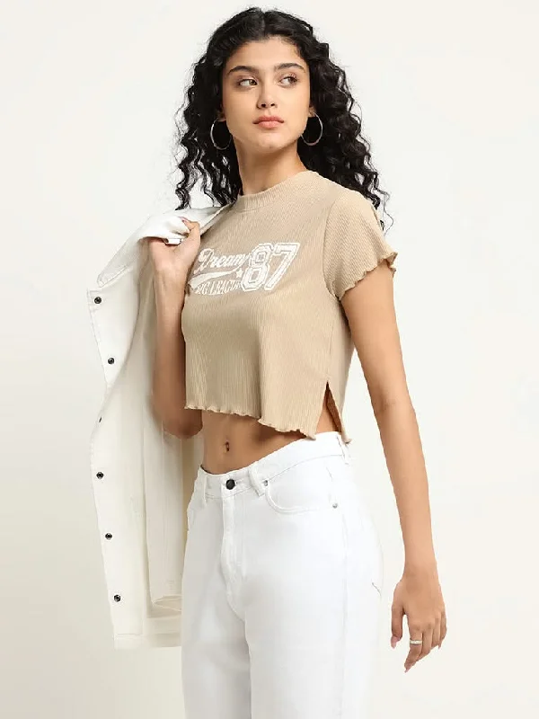 Women's tassel - adorned boho pants Embellished women jeans with studs or rhinestones for a glamorous touch Nuon Beige Printed Cotton Crop T-Shirt Women's tassel - adorned boho pants Embellished women jeans with studs or rhinestones for a glamorous touch Nuon Beige Printed Cotton Crop T-Shirt