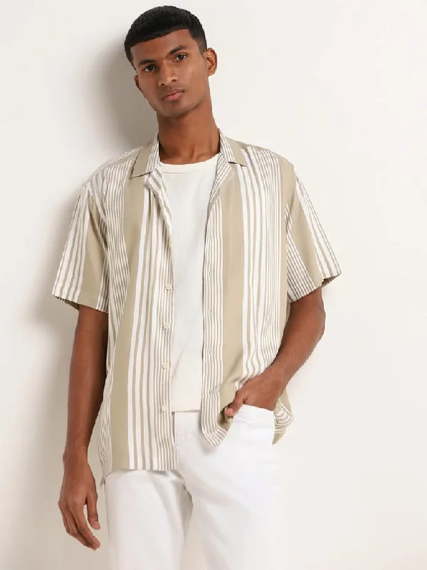 Women's linen summer pants High - rise flare women jeans for a 70s - inspired look Nuon Beige Striped Relaxed Fit Shirt