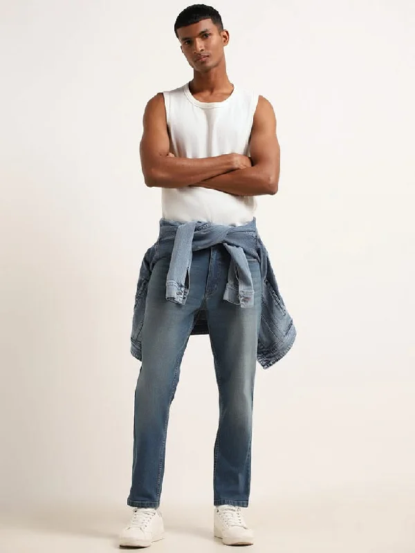 Women's pants with adjustable cuffs Dark - wash women jeans for a sophisticated and slimming effect Nuon Blue Faded Slim Fit Mid Rise Jeans Women's pants with adjustable cuffs Dark - wash women jeans for a sophisticated and slimming effect Nuon Blue Faded Slim Fit Mid Rise Jeans
