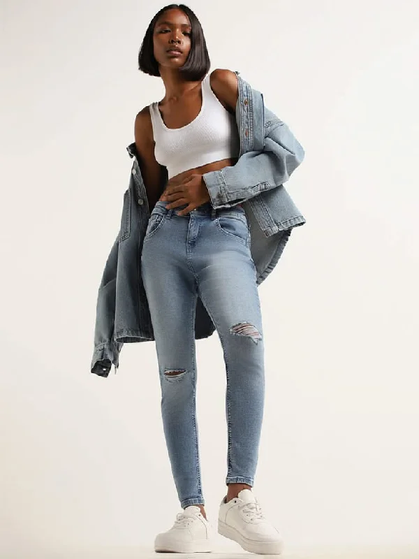 Women's senior - friendly lounge pants Embroidered women jeans with intricate patterns Nuon Blue Mid Rise Slim Fit Distressed Jeans