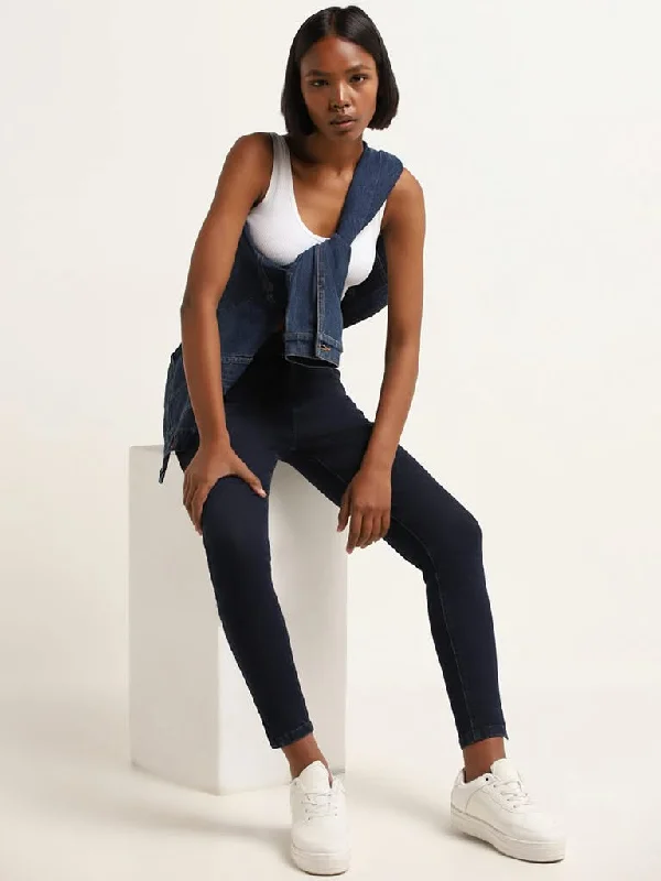 Women's ruffled hem dress pants Cargo women jeans with multiple pockets for added functionality Nuon Dark Blue Mid Rise Slim Fit Jeans Women's ruffled hem dress pants Cargo women jeans with multiple pockets for added functionality Nuon Dark Blue Mid Rise Slim Fit Jeans