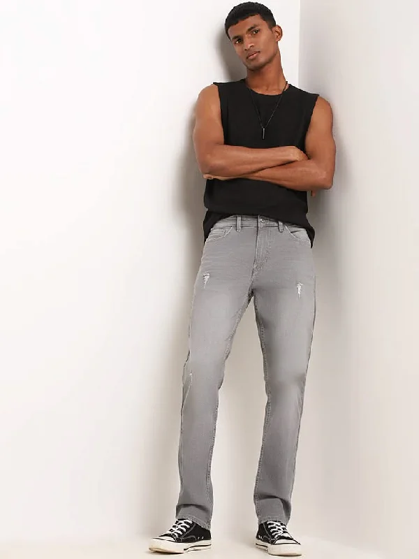 Women's one - piece jumpsuit pants Embroidered women jeans with intricate patterns Nuon Grey Distressed Mid Rise Straight Fit Jeans Women's one - piece jumpsuit pants Embroidered women jeans with intricate patterns Nuon Grey Distressed Mid Rise Straight Fit Jeans