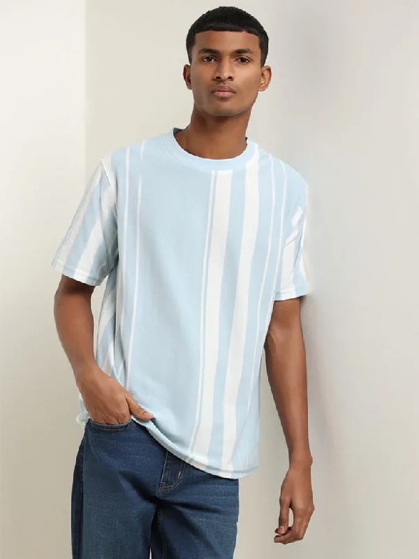 Women's button - fly jeans pants Wide - leg women jeans for a modern and relaxed vibe Nuon Light Blue Striped Cotton Blend Slim Fit T-Shirt Women's button - fly jeans pants Wide - leg women jeans for a modern and relaxed vibe Nuon Light Blue Striped Cotton Blend Slim Fit T-Shirt
