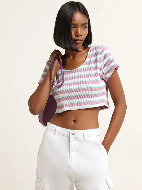 Women's polka - dot dressy pants Distressed women jeans for a trendy and edgy look Nuon Lilac Striped Cotton Blend Crop Top
