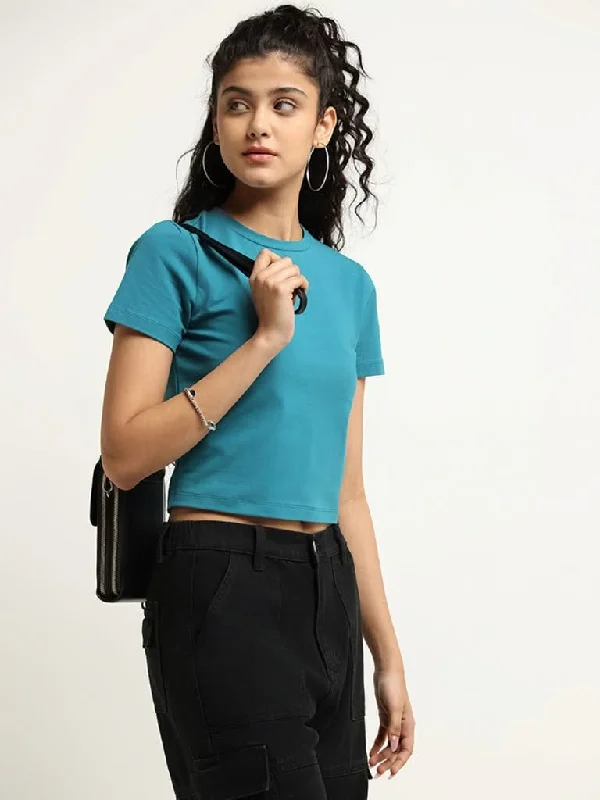 Women's recycled - material workout pants Wide - leg women jeans for a modern and relaxed vibe Nuon Teal Solid Cotton Crop T-Shirt Women's recycled - material workout pants Wide - leg women jeans for a modern and relaxed vibe Nuon Teal Solid Cotton Crop T-Shirt