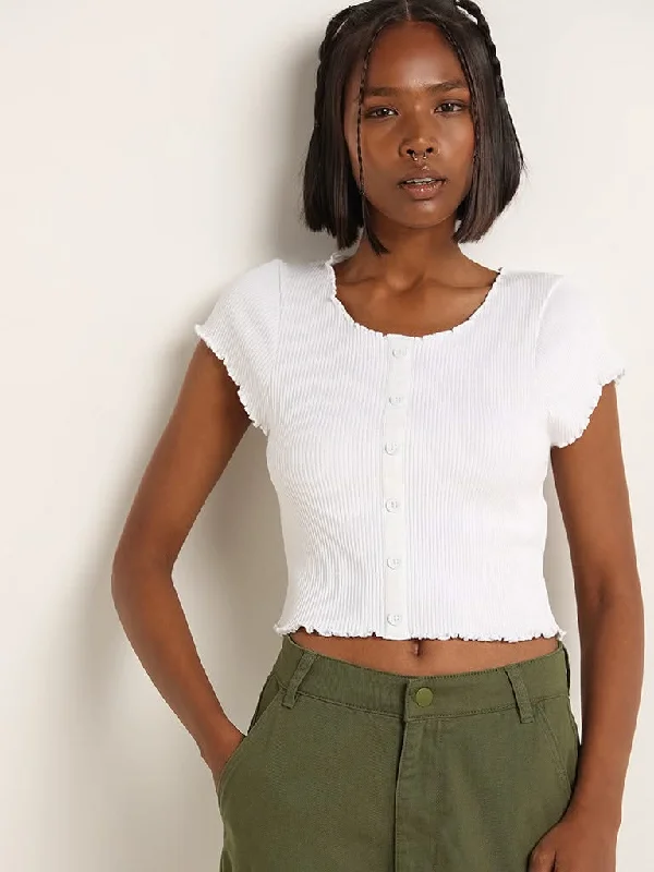 Women's ruffled hem dress pants Cargo women jeans with multiple pockets for added functionality Nuon White Cotton Blend Ribbed Top