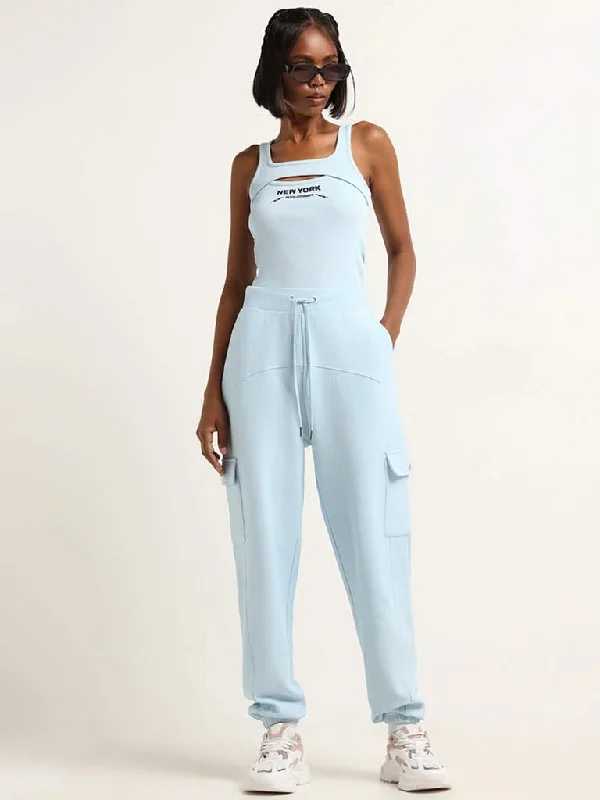 Women's embroidered ethnic pants Ripped women jeans for a rebellious and fashion - forward style Studiofit Blue Mid Rise Cotton Cargo Joggers