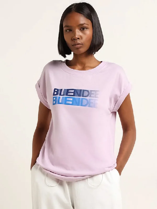 Women's embroidered ethnic pants Ripped women jeans for a rebellious and fashion - forward style Studiofit Lavender Text Printed Cotton T-Shirt