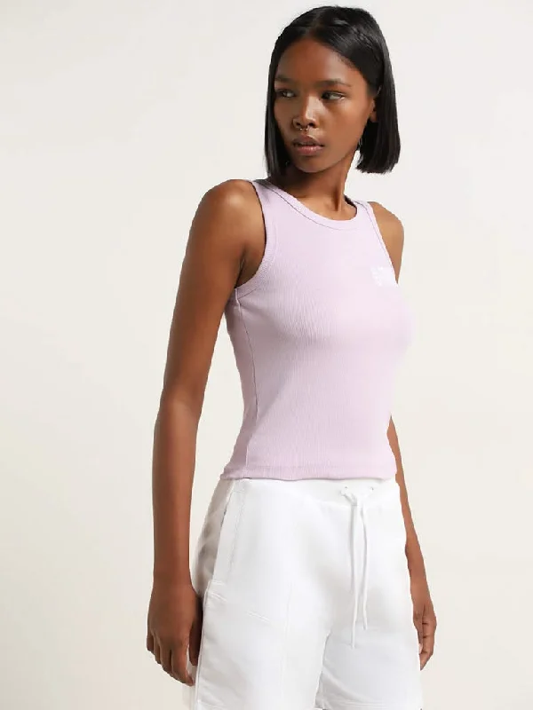 Women's pants for music festivals Ripped women jeans for a rebellious and fashion - forward style Studiofit Lilac Text Print Cotton Blend Tank Top