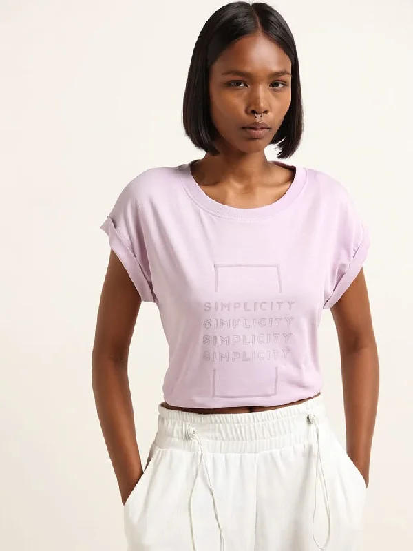 Women's cotton jogger pants Acid - wash women jeans with a retro finish Studiofit Lilac Text Printed Cotton T-Shirt Women's cotton jogger pants Acid - wash women jeans with a retro finish Studiofit Lilac Text Printed Cotton T-Shirt