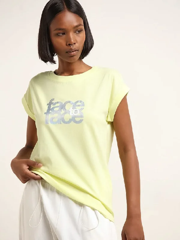 Women's on - sale casual pants Light - wash women jeans for a fresh and summery appearance Studiofit Lime Text Printed Cotton T-Shirt Women's on - sale casual pants Light - wash women jeans for a fresh and summery appearance Studiofit Lime Text Printed Cotton T-Shirt