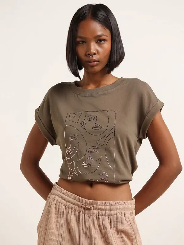 Women's belt - looped work pants Stretch women jeans for enhanced mobility and comfort Studiofit Olive Green Face Print Cotton T-Shirt
