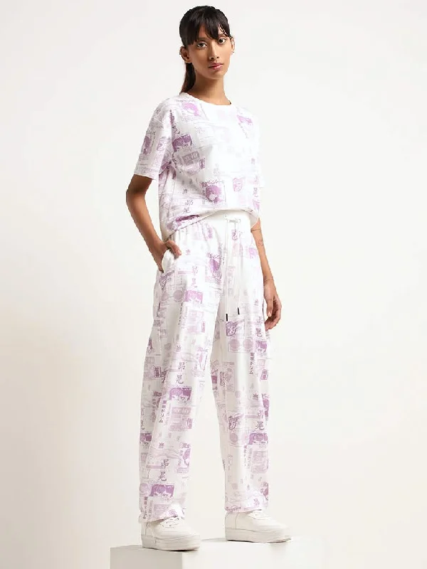 Women's pants with adjustable cuffs Dark - wash women jeans for a sophisticated and slimming effect Studiofit White Mid Rise Printed Cotton Track Pants Women's pants with adjustable cuffs Dark - wash women jeans for a sophisticated and slimming effect Studiofit White Mid Rise Printed Cotton Track Pants