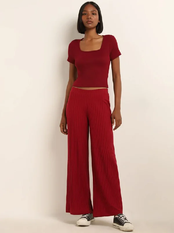 Women's cargo hiking pants Embroidered women jeans with intricate patterns Superstar Maroon Cotton Blend Ribbed High-Rise Pants