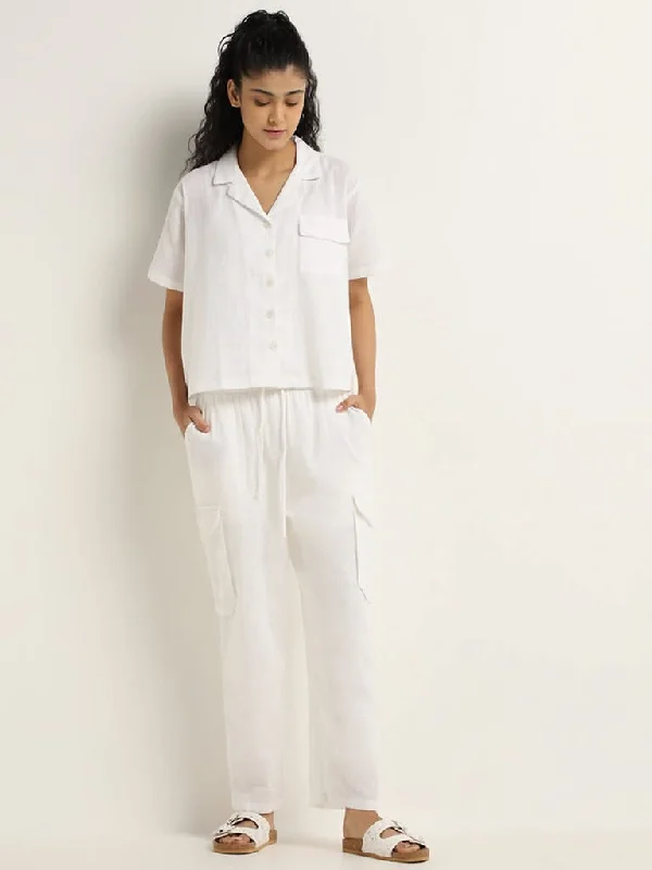 Women's cotton jogger pants Acid - wash women jeans with a retro finish Superstar White Wide-Leg Cotton High-Rise Cargo Pants Women's cotton jogger pants Acid - wash women jeans with a retro finish Superstar White Wide-Leg Cotton High-Rise Cargo Pants