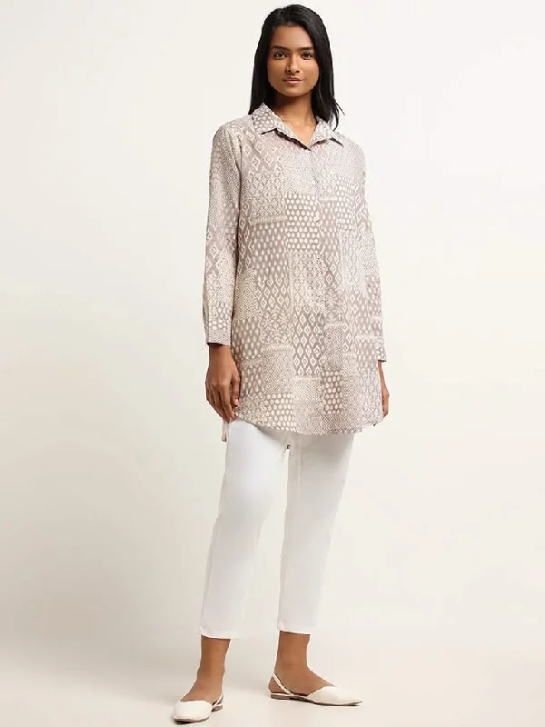 Women's straight - leg lounge pants Mom jeans for a nostalgic and casual look Utsa Beige Printed Patchwork Cotton Tunic Women's straight - leg lounge pants Mom jeans for a nostalgic and casual look Utsa Beige Printed Patchwork Cotton Tunic