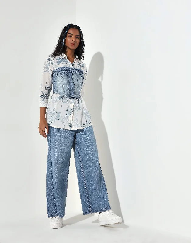 Women's long - sleeve jumpsuit pants Straight - leg women jeans with a classic and timeless appeal Utsa Blue Floral Printed Cotton Tunic Women's long - sleeve jumpsuit pants Straight - leg women jeans with a classic and timeless appeal Utsa Blue Floral Printed Cotton Tunic