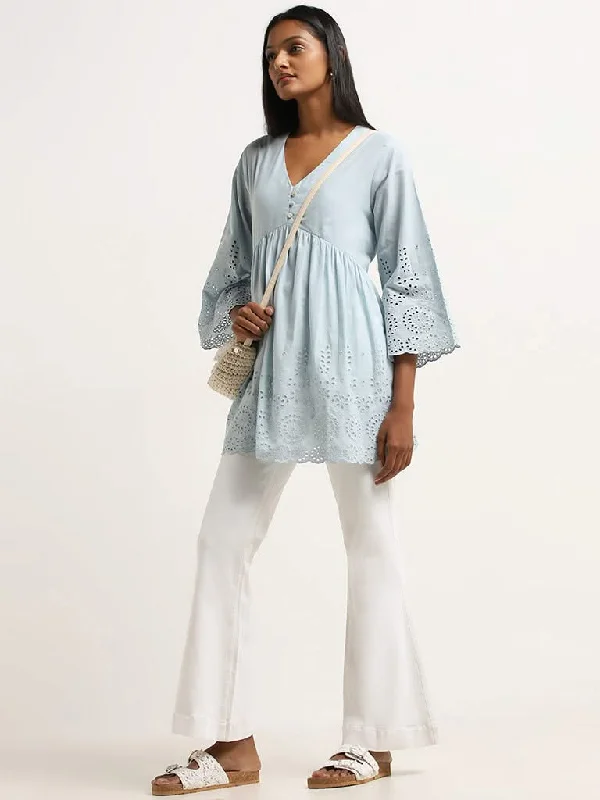 Women's pants for dancing Acid - wash women jeans with a retro finish Utsa Blue Schiffli Design Cotton Fit and Flare Kurti