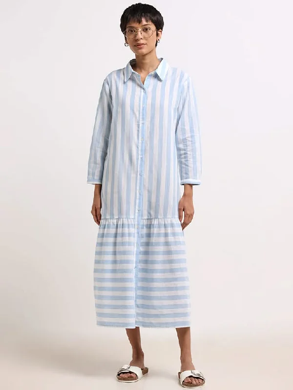 Women's senior - friendly lounge pants Embroidered women jeans with intricate patterns Utsa Blue Striped Cotton Shirt Midi-Dress Women's senior - friendly lounge pants Embroidered women jeans with intricate patterns Utsa Blue Striped Cotton Shirt Midi-Dress