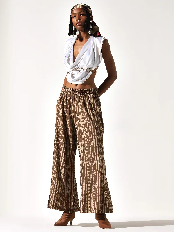 Women's printed floral pants High - waisted women jeans for a flattering silhouette Utsa Brown Geometric Print Cotton High-Rise Palazzos