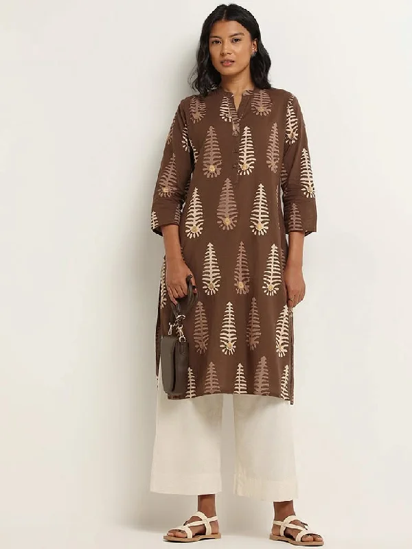 Women's long - sleeve jumpsuit pants Straight - leg women jeans with a classic and timeless appeal Utsa Brown Straight Fit Printed Cotton Kurta Women's long - sleeve jumpsuit pants Straight - leg women jeans with a classic and timeless appeal Utsa Brown Straight Fit Printed Cotton Kurta
