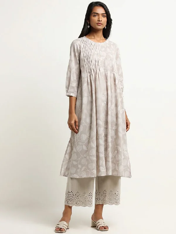 Women's on - sale casual pants Light - wash women jeans for a fresh and summery appearance Utsa Grey Printed Pintuck Cotton A-Line Kurta