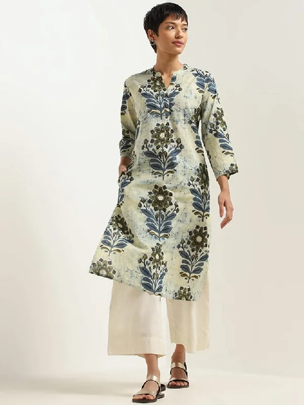 Women's printed floral pants High - waisted women jeans for a flattering silhouette Utsa Indigo Floral Printed Cotton Kurta