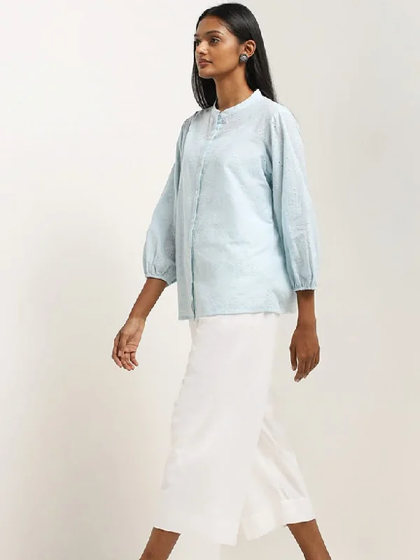 Women's button - fly jeans pants Wide - leg women jeans for a modern and relaxed vibe Utsa Light Blue Schiffli Design Cotton Straight Tunic Women's button - fly jeans pants Wide - leg women jeans for a modern and relaxed vibe Utsa Light Blue Schiffli Design Cotton Straight Tunic