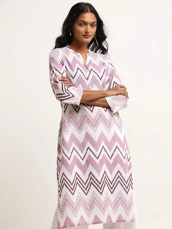 Women's budget - friendly denim pants Button - fly women jeans with a traditional touch Utsa Lilac Straight Fit Chevron Print Cotton Kurta Women's budget - friendly denim pants Button - fly women jeans with a traditional touch Utsa Lilac Straight Fit Chevron Print Cotton Kurta
