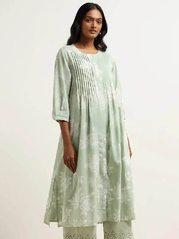 Women's paisley bohemian pants Embroidered women jeans with intricate patterns Utsa Mint Floral Printed Cotton Pintuck Kurta